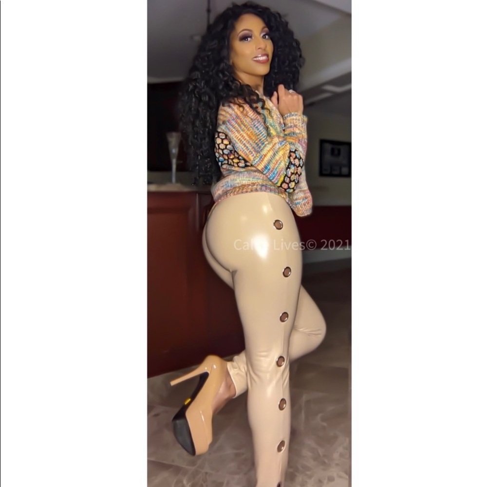 New! Xena Nude Skin Patent Liquid Leather Grommet Side Pants Leggings - Picture 5 of 16